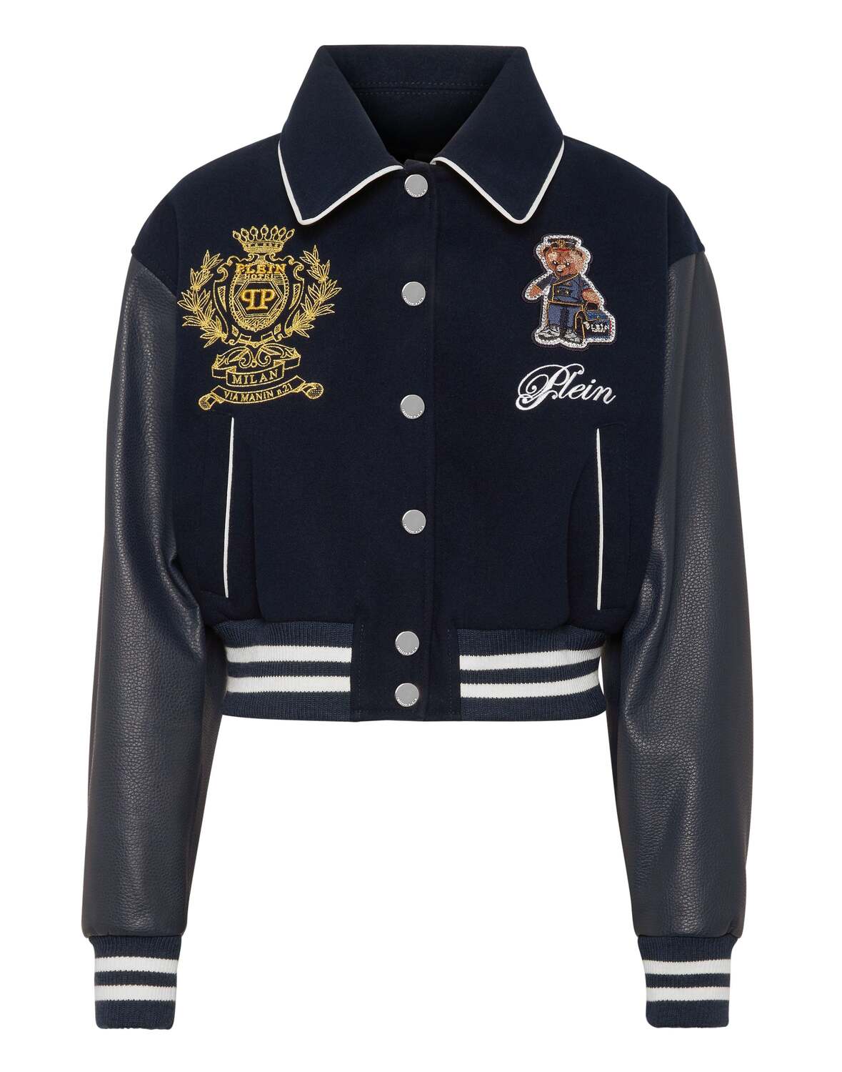 Тедди-бомбер из шерсти и кожи для колледжа Philipp Plein, темно-синий
Тедди-бомбер из шерсти и кожи для колледжа Philipp Plein, темно-синий