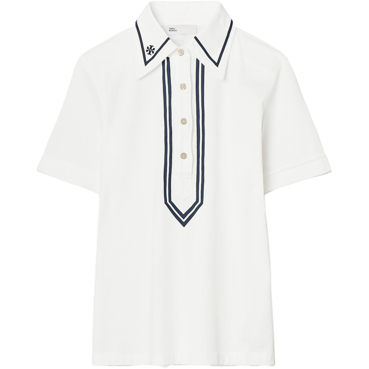 Tory Burch Женская белая рубашка-поло с воротником-стойкой, умеренно прямой крой
Tory Burch Женская белая рубашка-поло с воротником-стойкой, умеренно прямой крой
