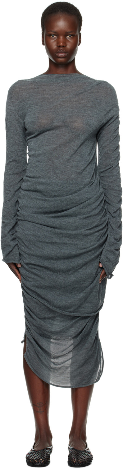 Серое неоднозначное шерстяное платье миди ISSEY MIYAKE 
Серое неоднозначное шерстяное платье миди ISSEY MIYAKE