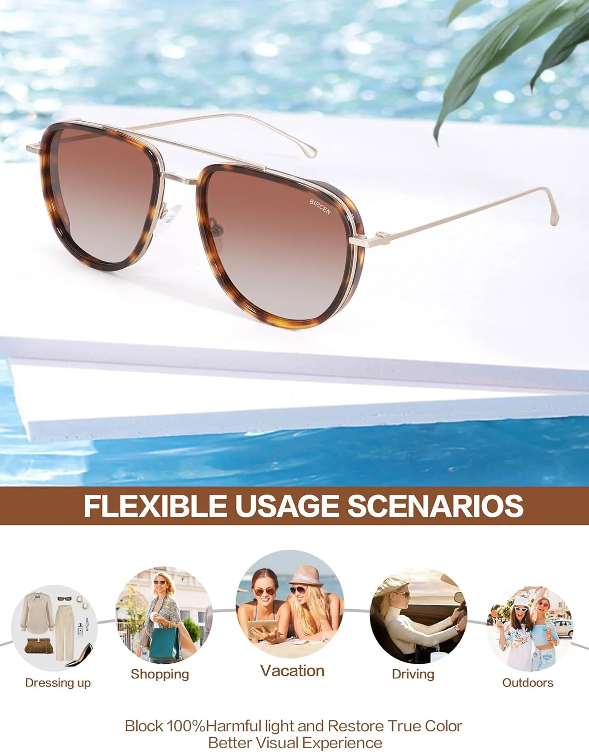 Женские поляризованные солнцезащитные очки BIRCEN из ацетата: защита от УФ-излучения - винтажная оправа, очки-авиаторы для отдыха на пляже, C1-gradient Tea
Женские поляризованные солнцезащитные очки BIRCEN из ацетата: защита от УФ-излучения - винтажная оправа, очки-авиаторы для отдыха на пляже, C1-gradient Tea