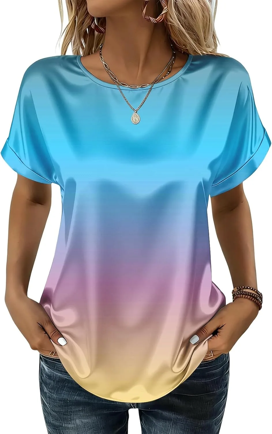 Женская летняя блузка с принтом, свободного кроя, из шелка, с коротким рукавом и круглым вырезом
Женская летняя блузка с принтом, свободного кроя, из шелка, с коротким рукавом и круглым вырезом