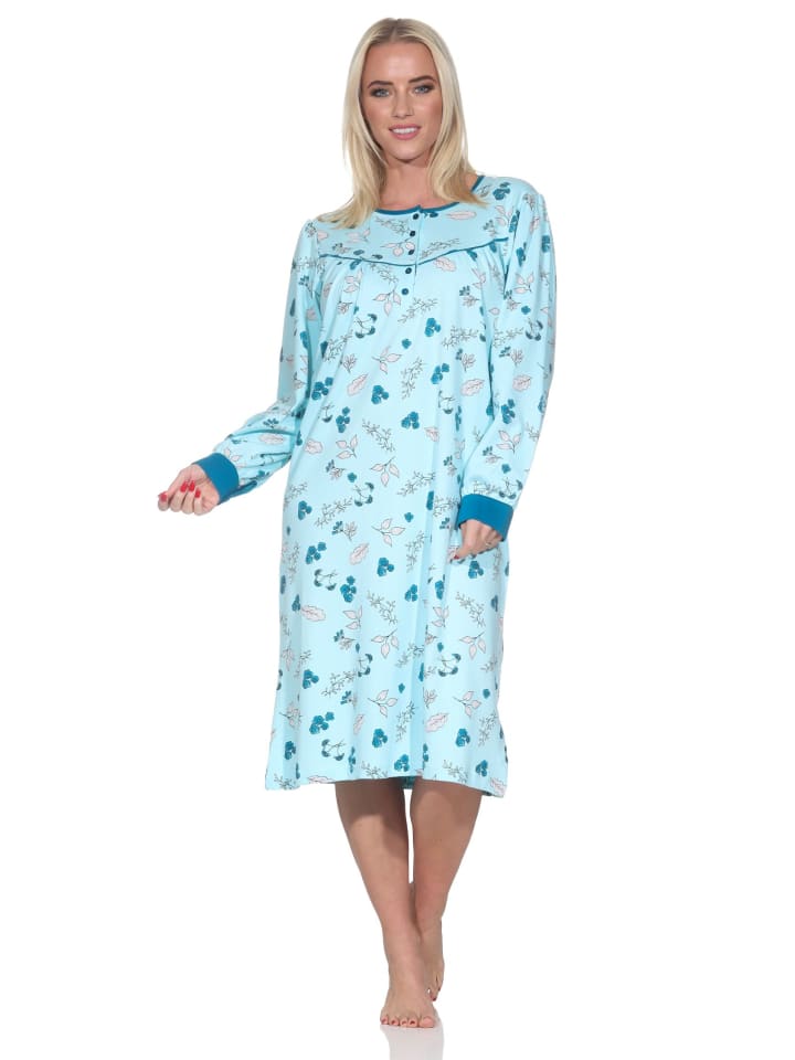 Ночная рубашка с длинными рукавами, классический дизайн, застежка на пуговицы на шее, бирюзового цвета. NORMANN
Ночная рубашка с длинными рукавами, классический дизайн, застежка на пуговицы на шее, бирюзового цвета. NORMANN