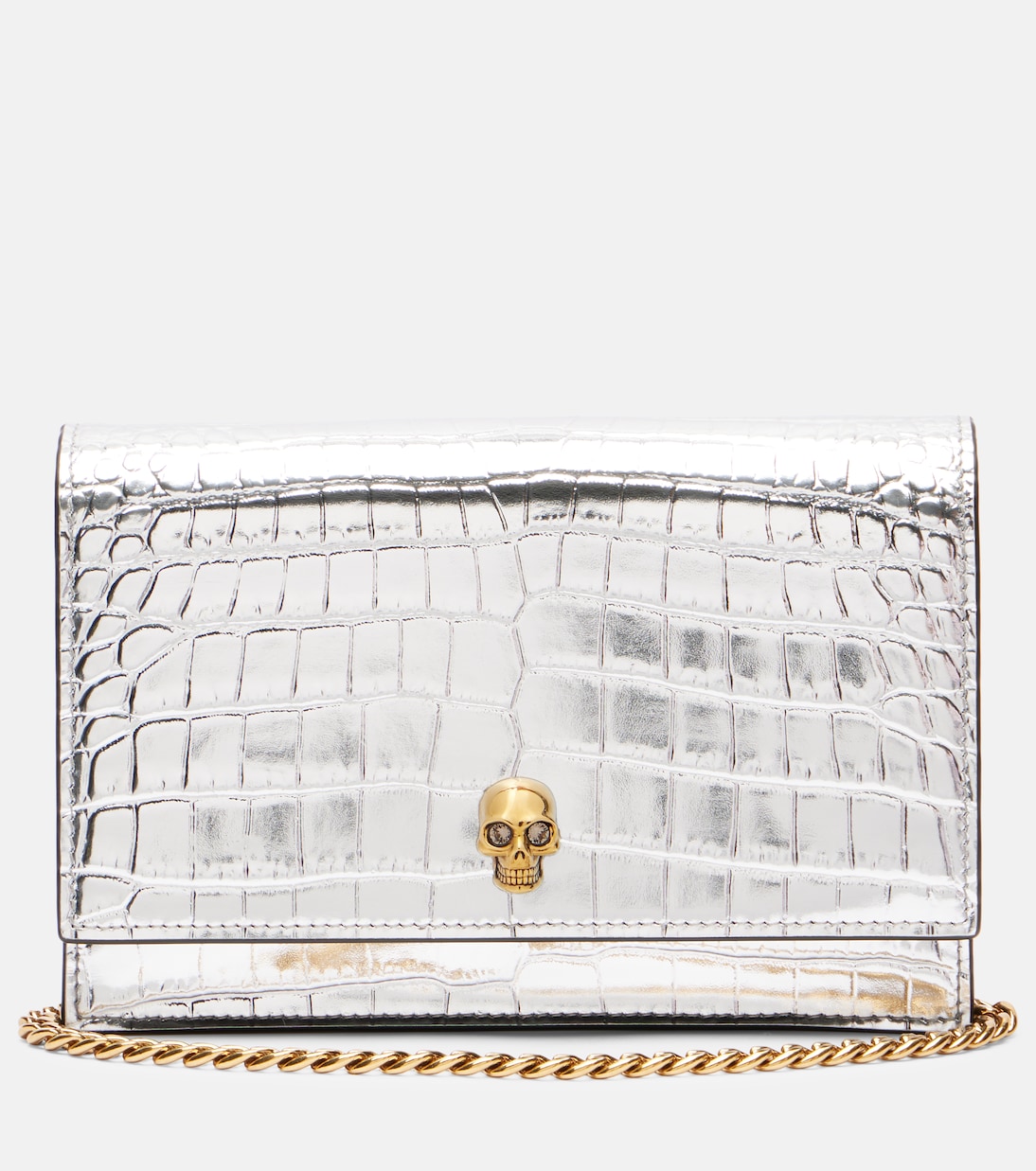 Череп Маленькая кожаная сумка через плечо McQueen, серебряный
Череп Маленькая кожаная сумка через плечо McQueen, серебряный