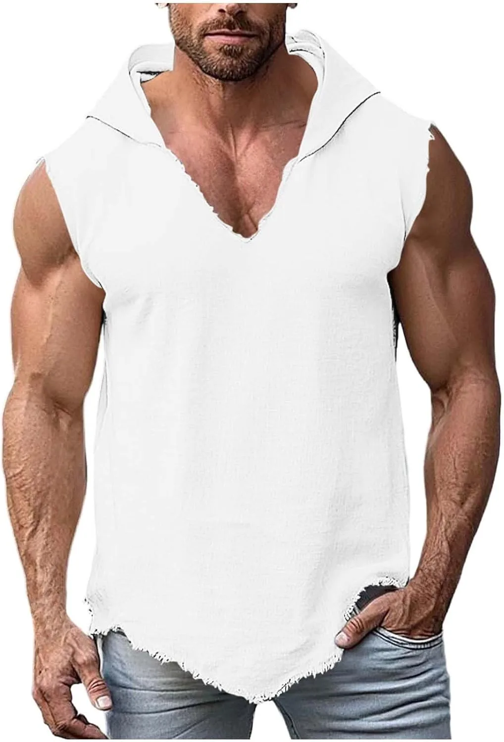 Мужская безрукавка с капюшоном, хлопок-лен, летняя майка
Мужская безрукавка с капюшоном, хлопок-лен, летняя майка