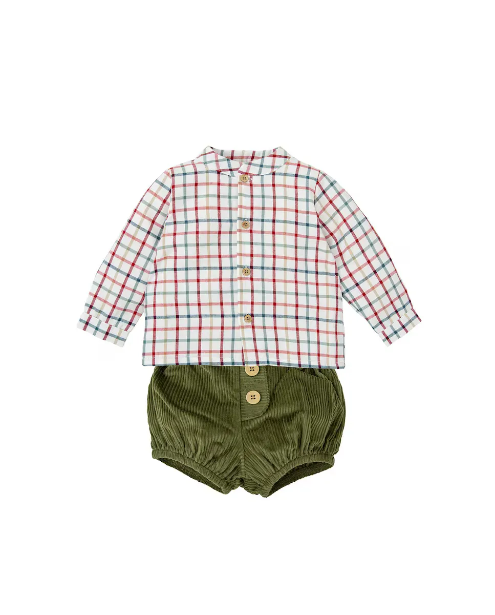 Комплект для мальчика, состоящий из рубашки в клетку и вельветовых шорт BABIDÚ, зеленый 
Комплект для мальчика, состоящий из рубашки в клетку и вельветовых шорт BABIDÚ, зеленый