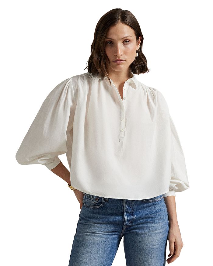 Складчатая рубашка из хлопкового шелка Ralph Lauren, белый 
Складчатая рубашка из хлопкового шелка Ralph Lauren, белый