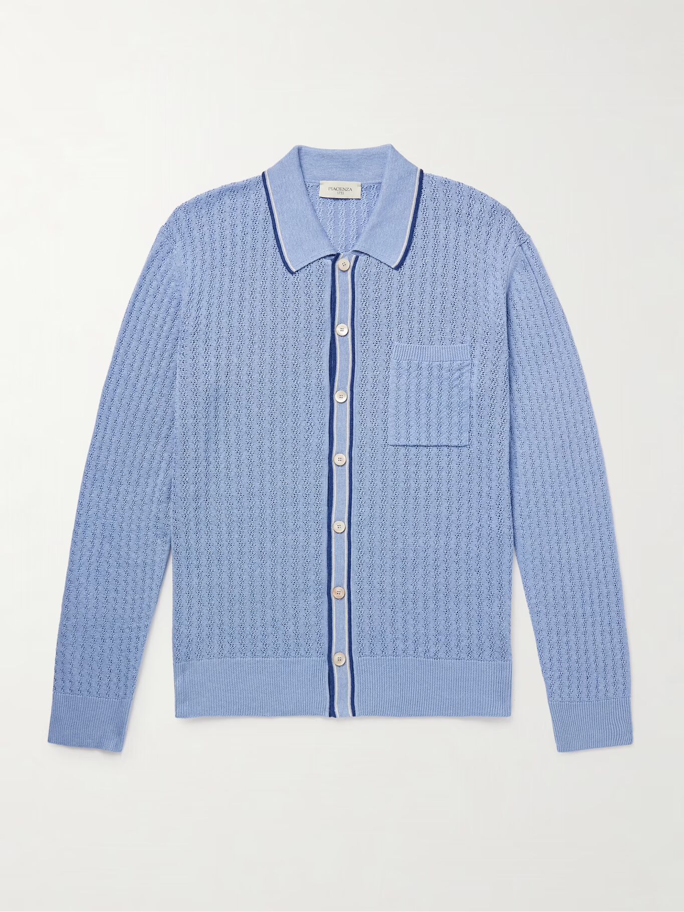 Рубашка облегающего кроя в полоску из смеси шелка и льна ажурной вязки PIACENZA 1733, синий
Рубашка облегающего кроя в полоску из смеси шелка и льна ажурной вязки PIACENZA 1733, синий