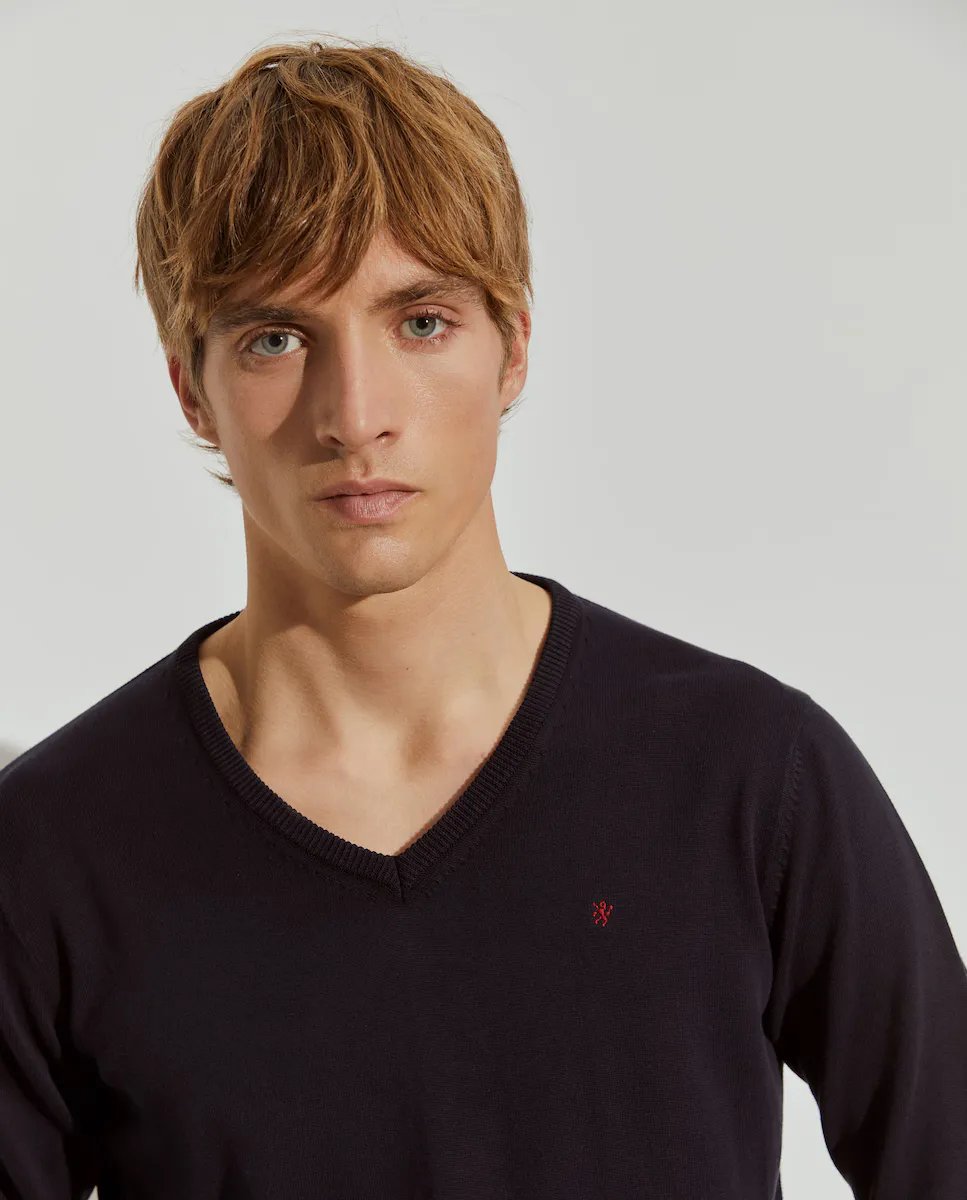 Мужской хлопковый свитер с V-образным вырезом Lion of Porches, темно-синий
Мужской хлопковый свитер с V-образным вырезом Lion of Porches, темно-синий