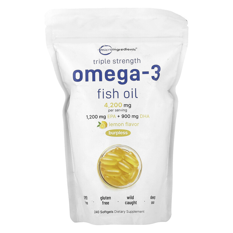 Micro Ingredients, Омега-3 рыбий жир тройной силы, лимон, 4200 мг, 240 мягких таблеток (1400 мг в каждой капсуле)
Micro Ingredients, Омега-3 рыбий жир тройной силы, лимон, 4200 мг, 240 мягких таблеток (1400 мг в каждой капсуле)