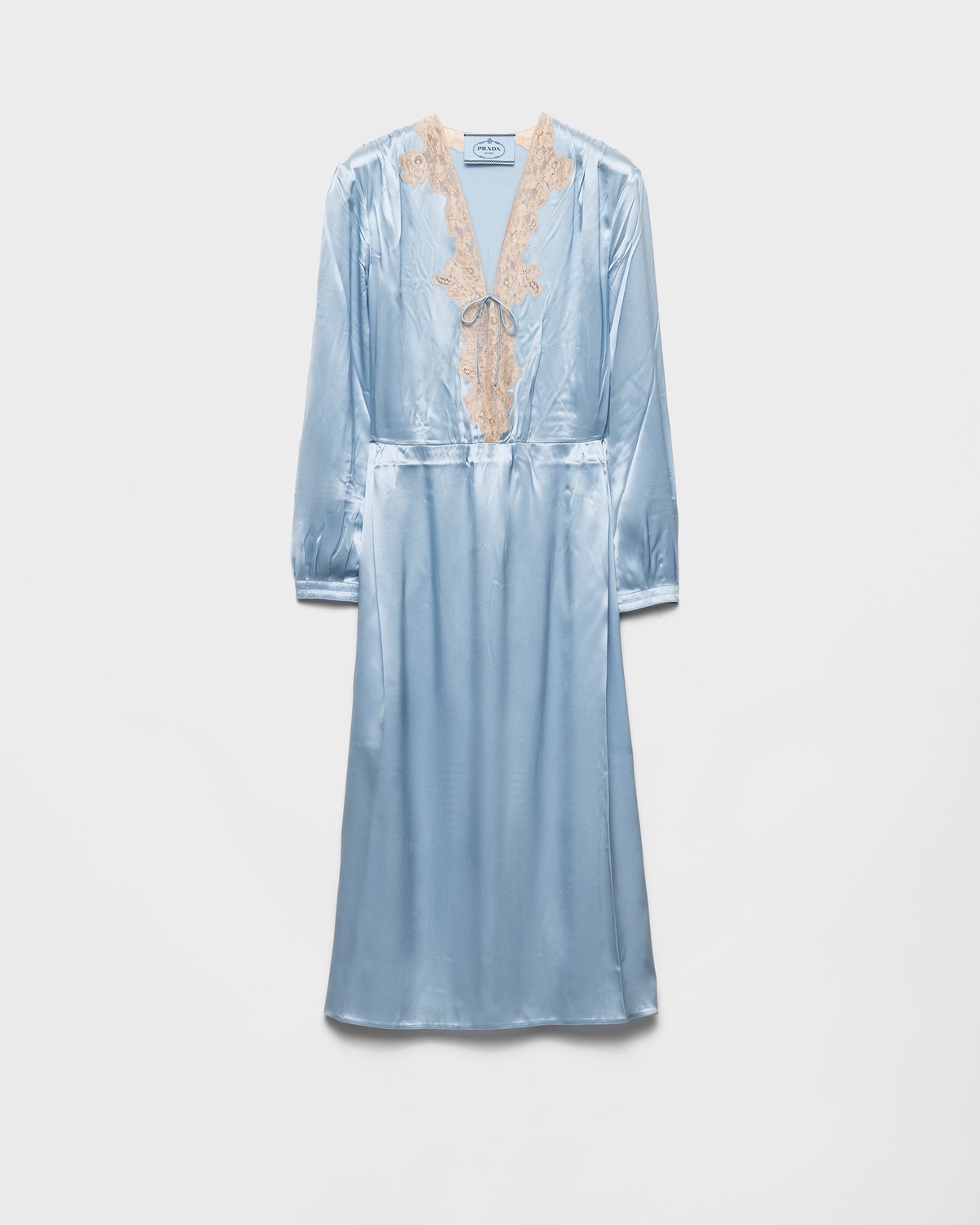 Платье из атласного крепа и кружева с длинными рукавами Prada, голубой
Платье из атласного крепа и кружева с длинными рукавами Prada, голубой