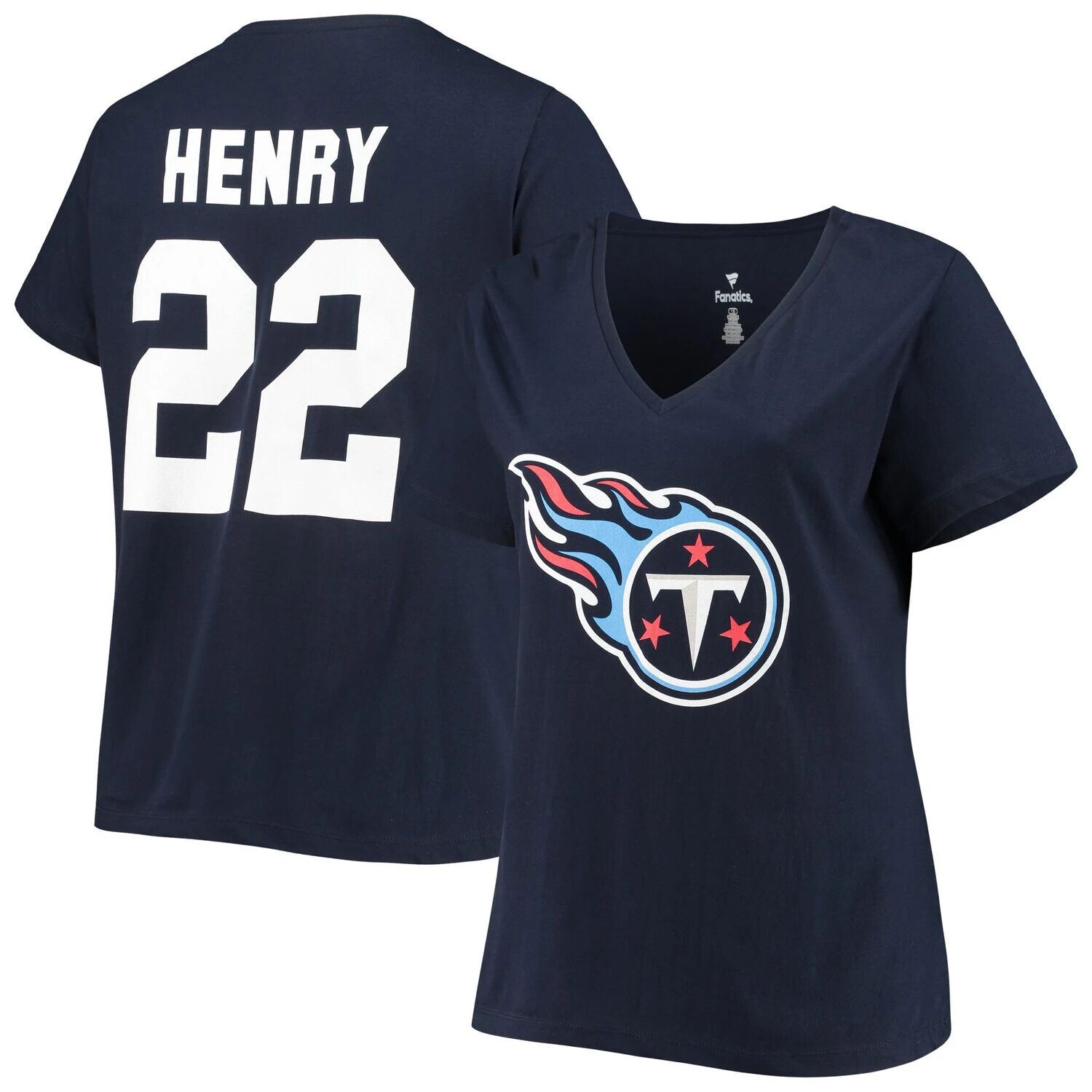 Женская футболка с v-образным вырезом и фирменным логотипом Fanatics Derrick Henry Navy Tennessee Titans размера плюс с именем и номером Fanatics