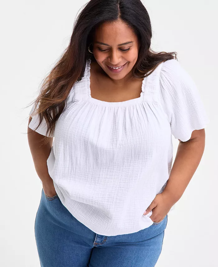 Плюс сайз: топ с квадратным вырезом и короткими рукавами из хлопка со сборкой Style & Co, белый
Плюс сайз: топ с квадратным вырезом и короткими рукавами из хлопка со сборкой Style & Co, белый