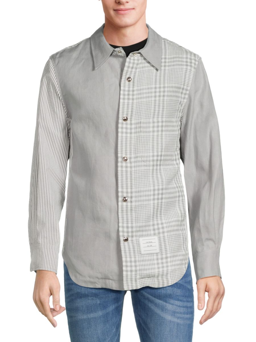 Рубашка из льняной ткани в клетку Thom Browne, светло-серый 
Рубашка из льняной ткани в клетку Thom Browne, светло-серый