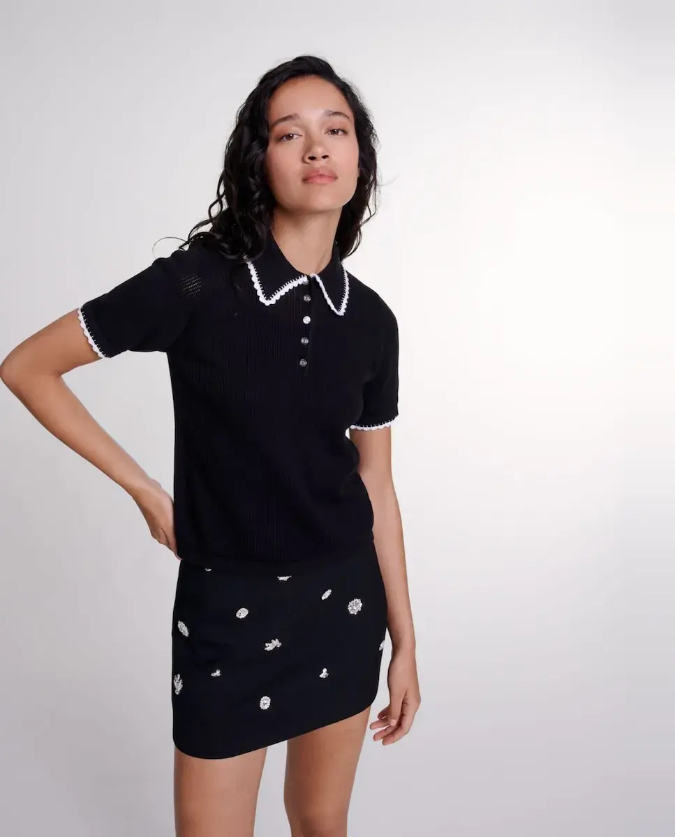 Женская рубашка-поло с короткими рукавами ажурной вязки Maje, черный
Женская рубашка-поло с короткими рукавами ажурной вязки Maje, черный