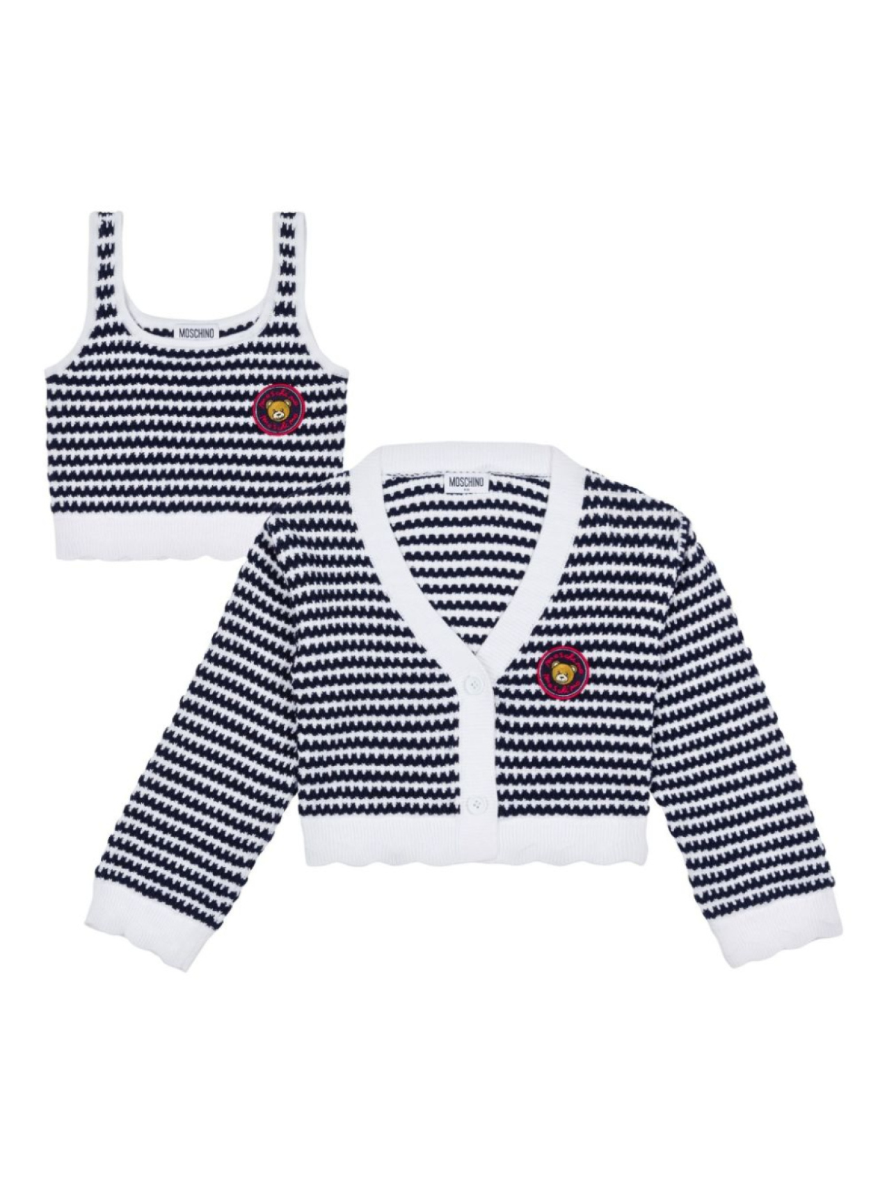 Moschino Kids комплект из кардигана и топа с нашивкой-логотипом, синий
Moschino Kids комплект из кардигана и топа с нашивкой-логотипом, синий