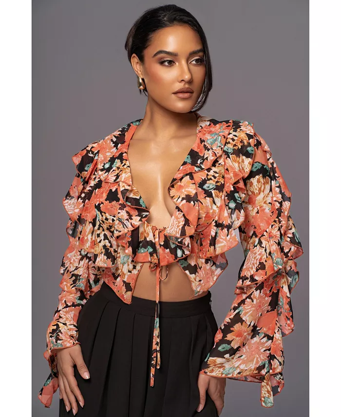 Женский топ с цветочным принтом Yvanna и оборками JLUXLABEL, черный 
Женский топ с цветочным принтом Yvanna и оборками JLUXLABEL, черный