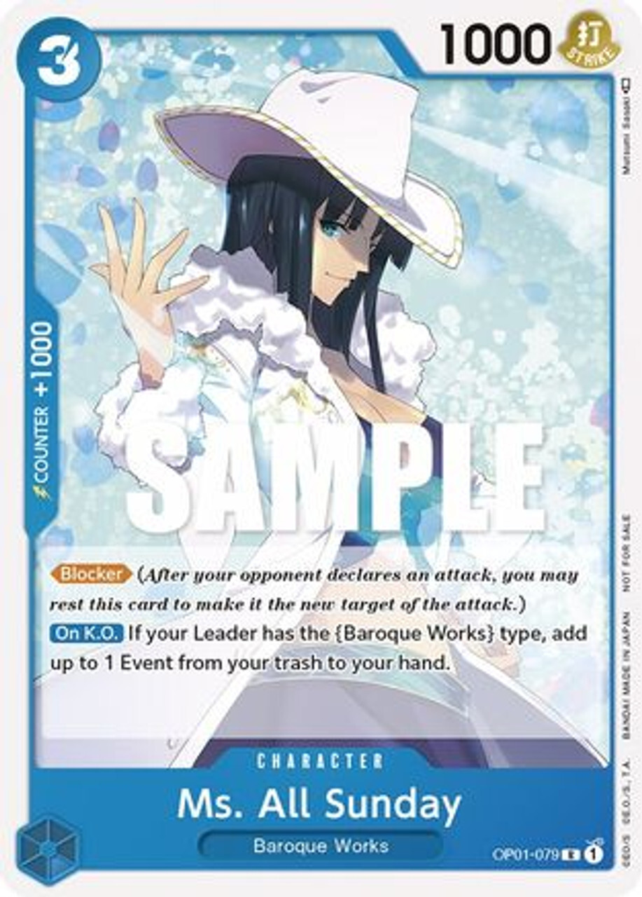 Карточная игра Ms. All Sunday (Promotion Pack 2023) (OP01-079) One Piece Promotion Cards
Карточная игра Ms. All Sunday (Promotion Pack 2023) (OP01-079) One Piece Promotion Cards