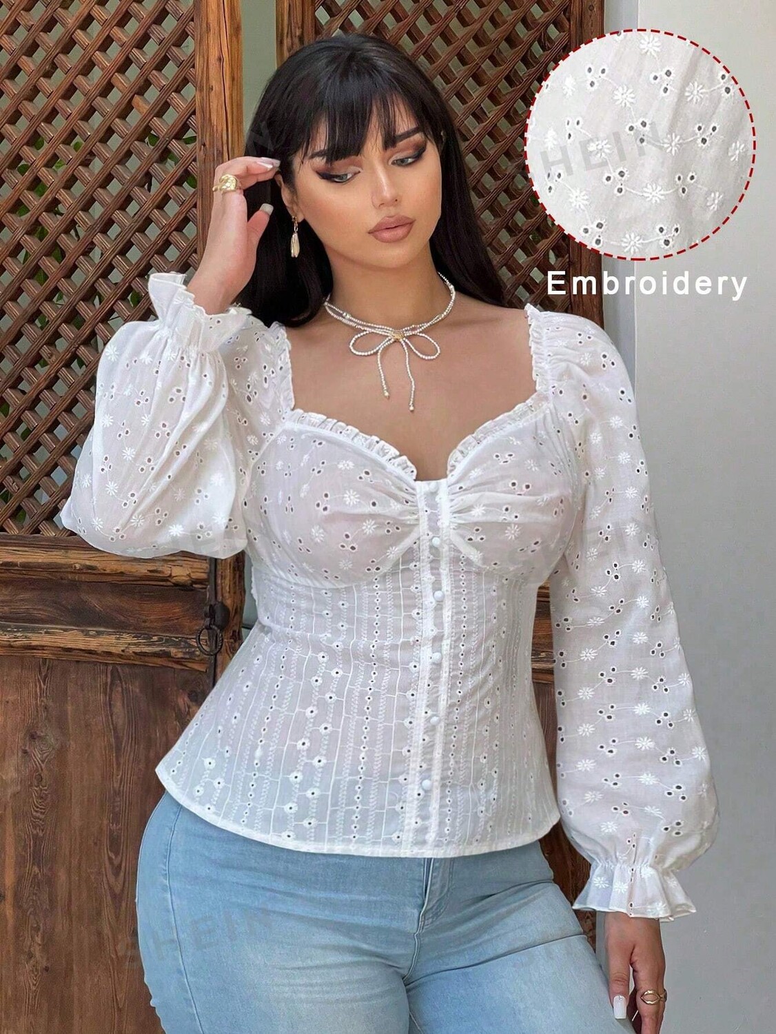 EZwear Блузка с длинными рукавами, воротником-сердечком, вышитым узором, оборками, большой размер, однотонный цвет Shein, белый
EZwear Блузка с длинными рукавами, воротником-сердечком, вышитым узором, оборками, большой размер, однотонный цвет Shein, белый