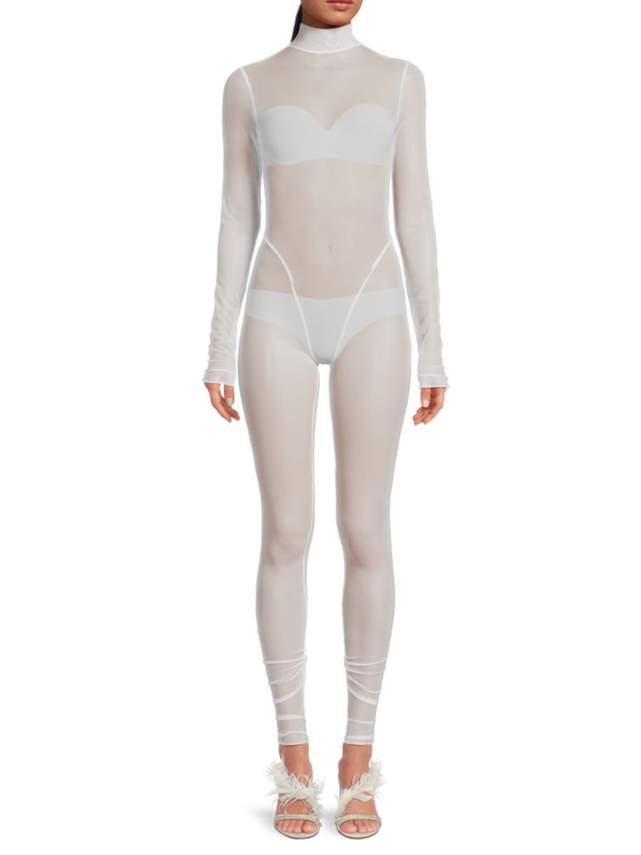 Прозрачный эластичный комбинезон с воротником-стойкой LaQuan Smith, белый 
Прозрачный эластичный комбинезон с воротником-стойкой LaQuan Smith, белый