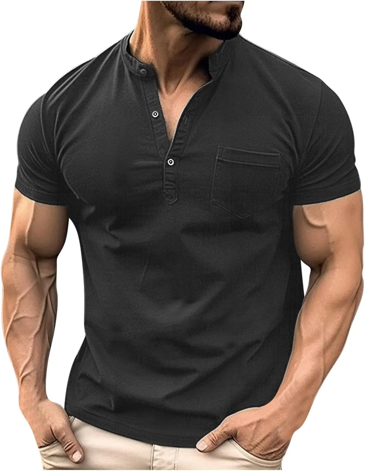 Мужская футболка хенли с коротким рукавом и v-образным вырезом
Мужская футболка хенли с коротким рукавом и v-образным вырезом