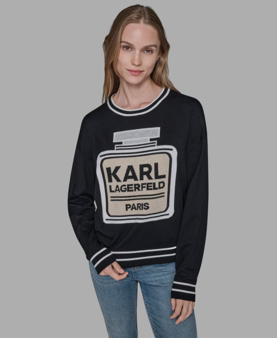 Женский свитер с круглым вырезом и полосатым узором в виде флакона духов KARL LAGERFELD PARIS, Black
Женский свитер с круглым вырезом и полосатым узором в виде флакона духов KARL LAGERFELD PARIS, Black