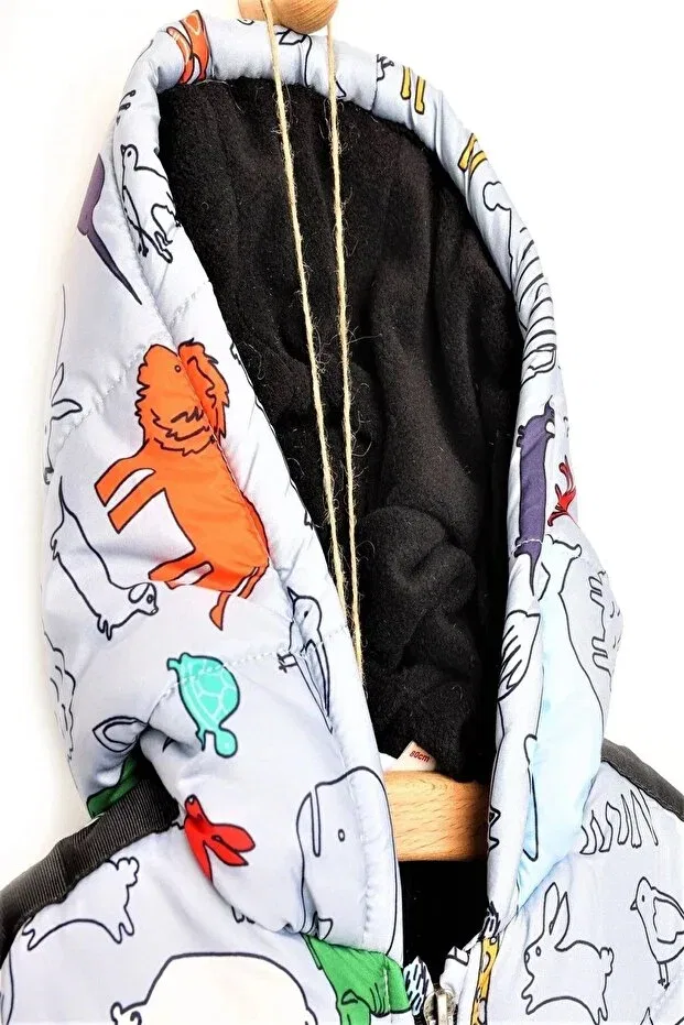 Детское пальто для девочек с капюшоном Soft fabric new season cute mixed animal patterned hooded winter baby coat with pockets Dekubaby, Beige — фото 2