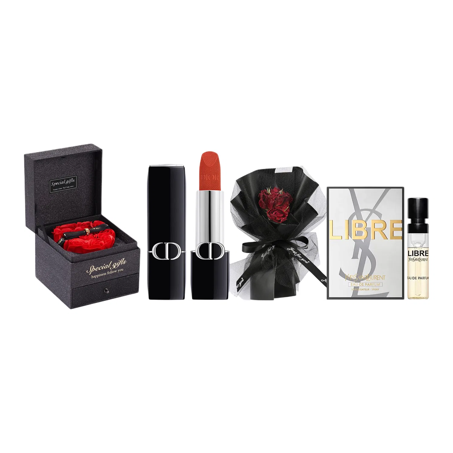 Женская помада DIOR Rouge Dior 840 Radiance, Maple Leaf Brick Red+Black Beauty Bouquet, Rose Box