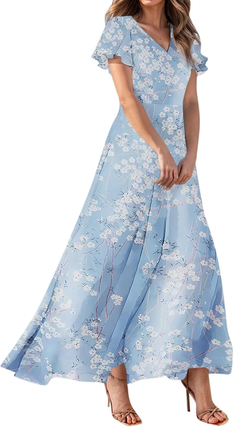 Женское цветочное платье макси V-образный вырез Chiffon, Sky Blue