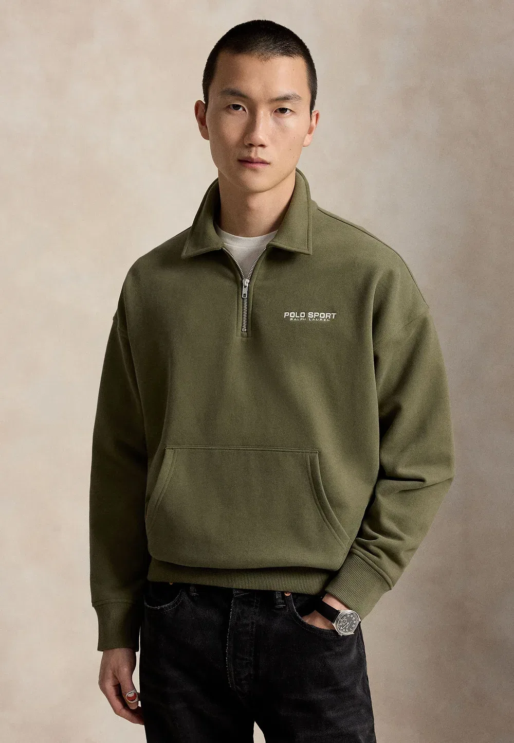 Свободная спортивная толстовка-поло унисекс - толстовка Polo Ralph Lauren, Cruise Olive — фото 3