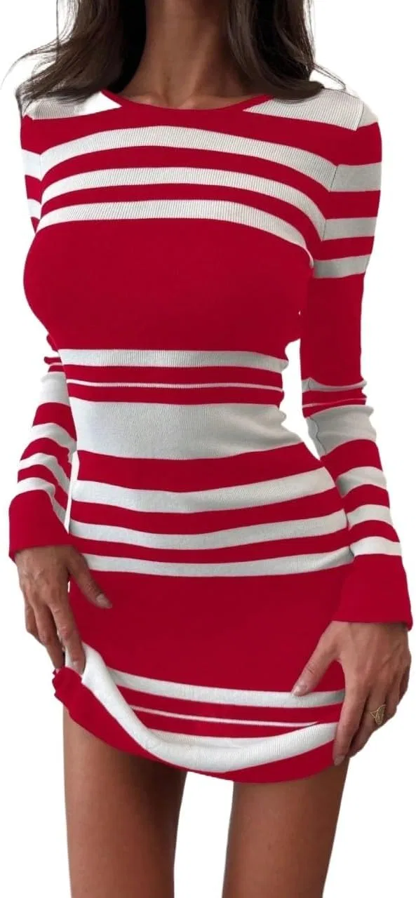 Женское платье-свитер с открытой спиной Casual Striped, Red
