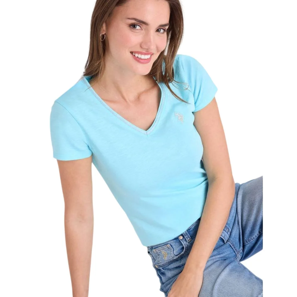 Футболка U.S. Polo Assn Metallic Trim V-neck, светлый бирюзовый