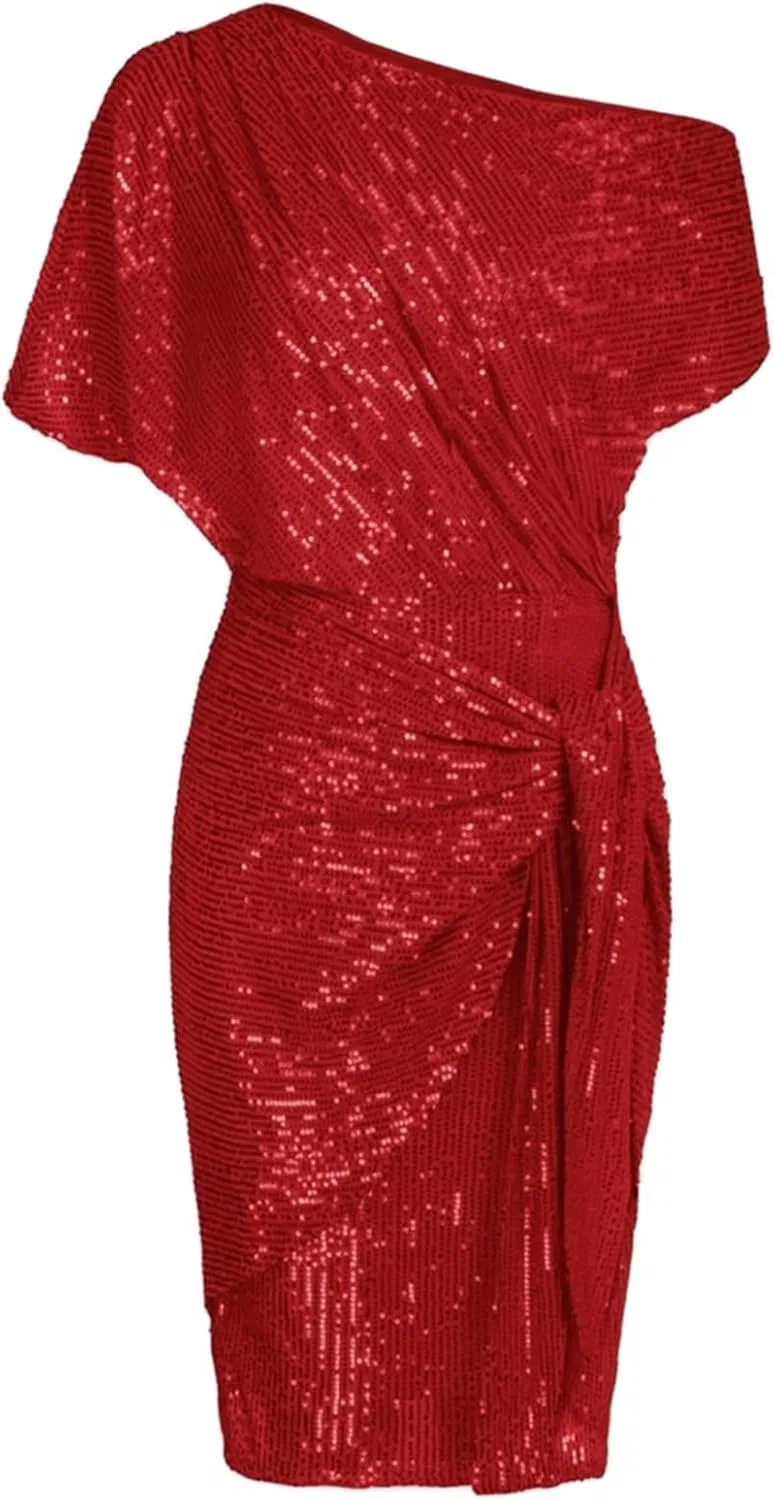 Женское коктейльное платье с пайетками асимметричным плечом, Red
