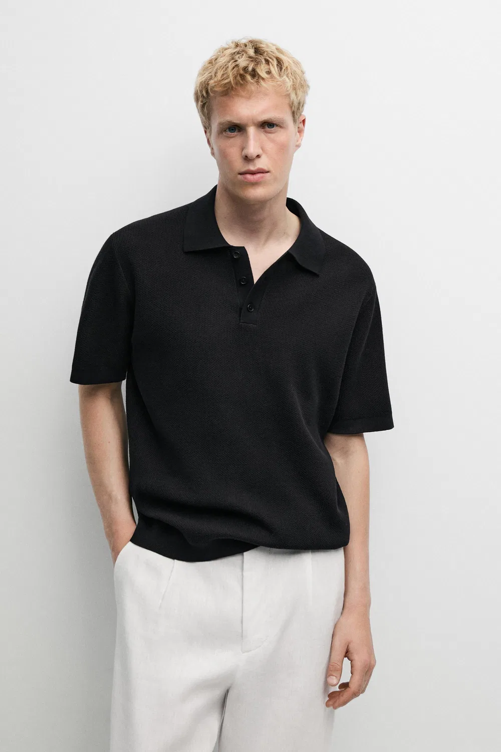 Поло-рубашка Massimo Dutti, с контрастной текстурой, темно-синий — фото 2
