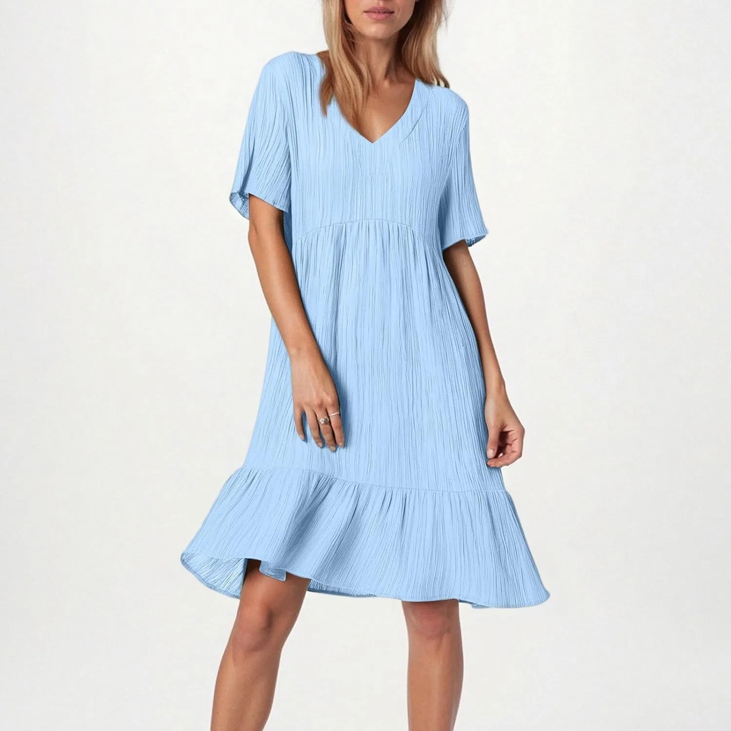 Женское мини-платье свободного кроя с V-образным вырезом Generic, Light Blue — фото 3