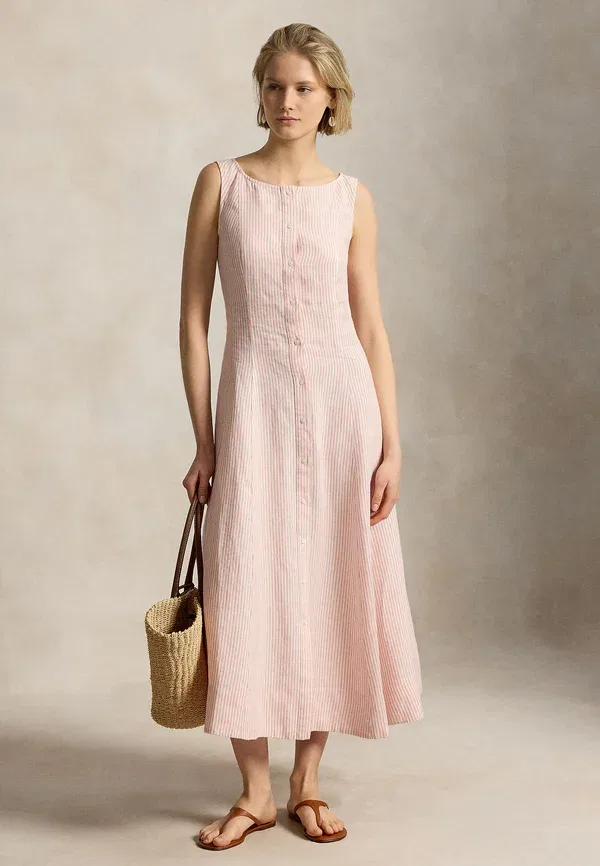 Платье рубашка из льна, полосатое, Striped paneled linen dress - shirt dress, Polo Ralph Lauren, mauve white, белый/сиреневый — фото 2