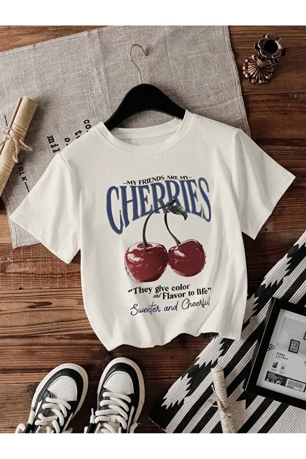 Детская футболка для девочек с принтом Cherry detailed Let'S Wear, White