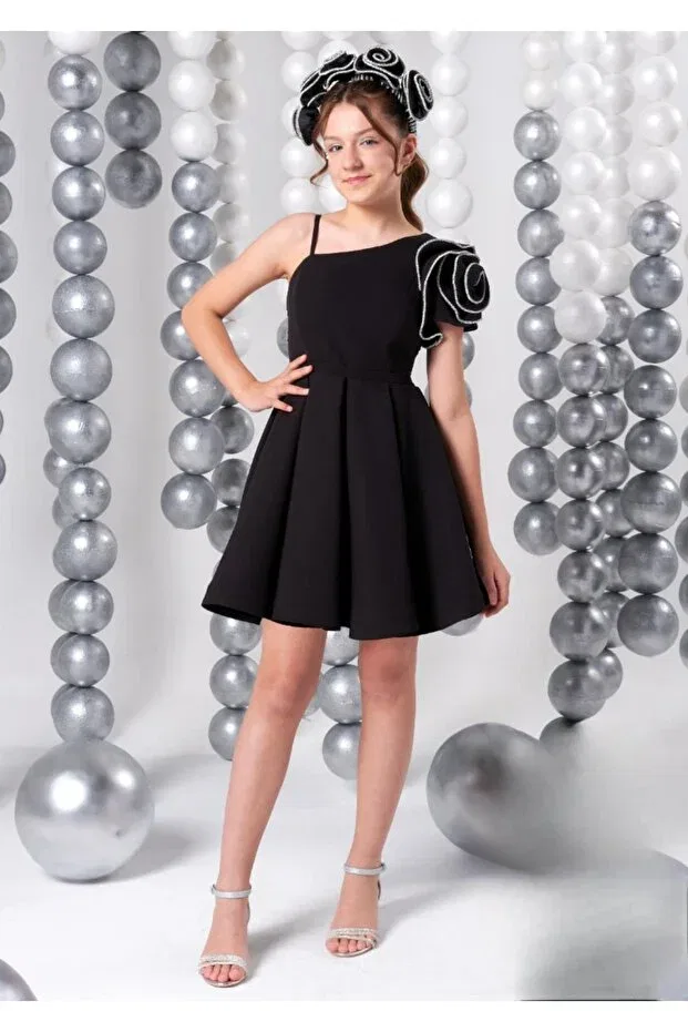 Детское платье для девочек короткое креповое Menevis special tsarım girl's short crepe evening dress_mnvs845 Meneviş Çocuk Giyim, Siyah