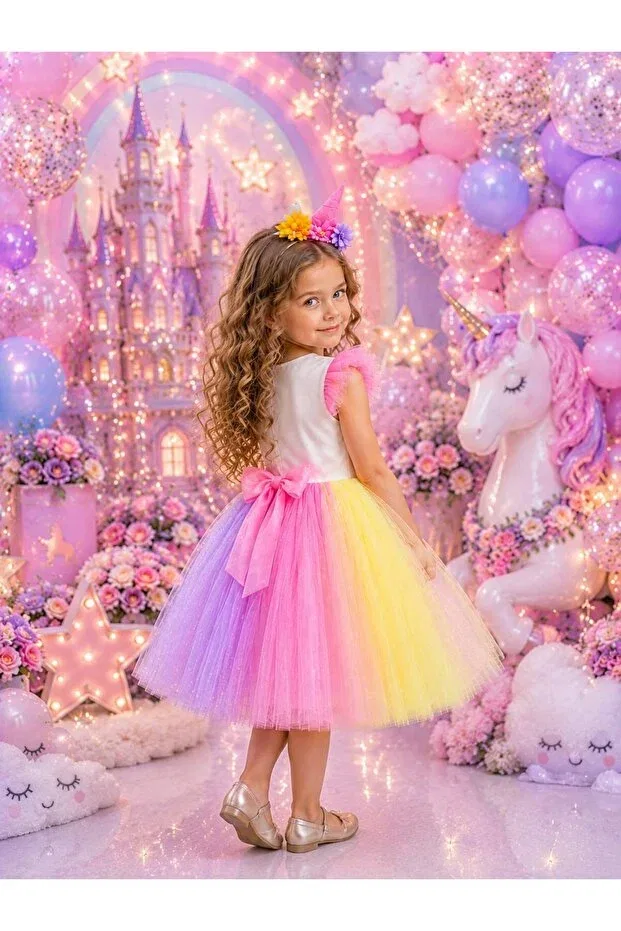 Детское платье для девочек с принтом Girl'S colorful birthday crowned colorful unicorn ribbon zipper party dress Generic Brands, Pink — фото 4