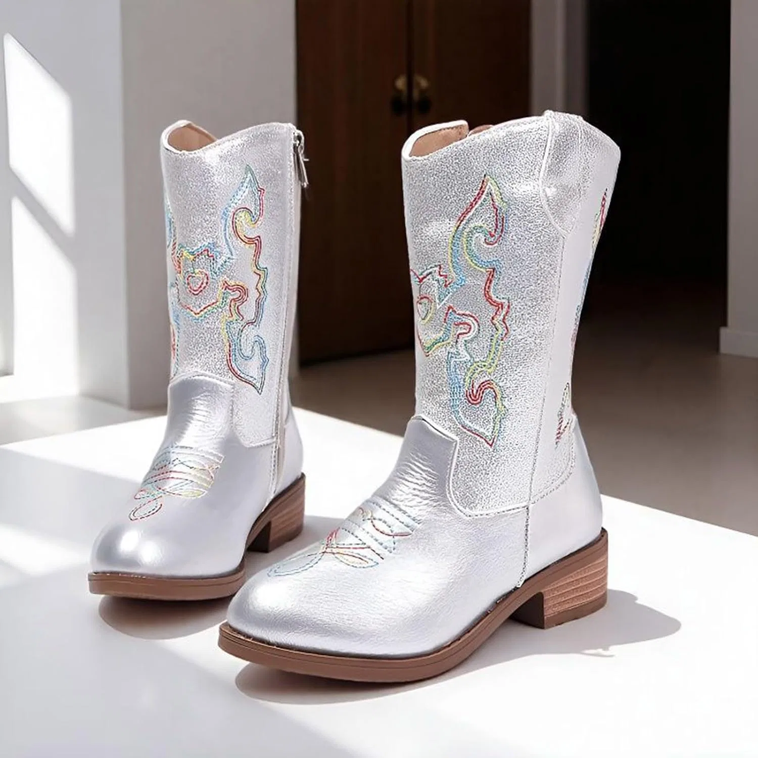 Детские сапоги для девочек с вышивкой ковбойские с боковой молнией Cowgirl Western Boots, Silver — фото 4