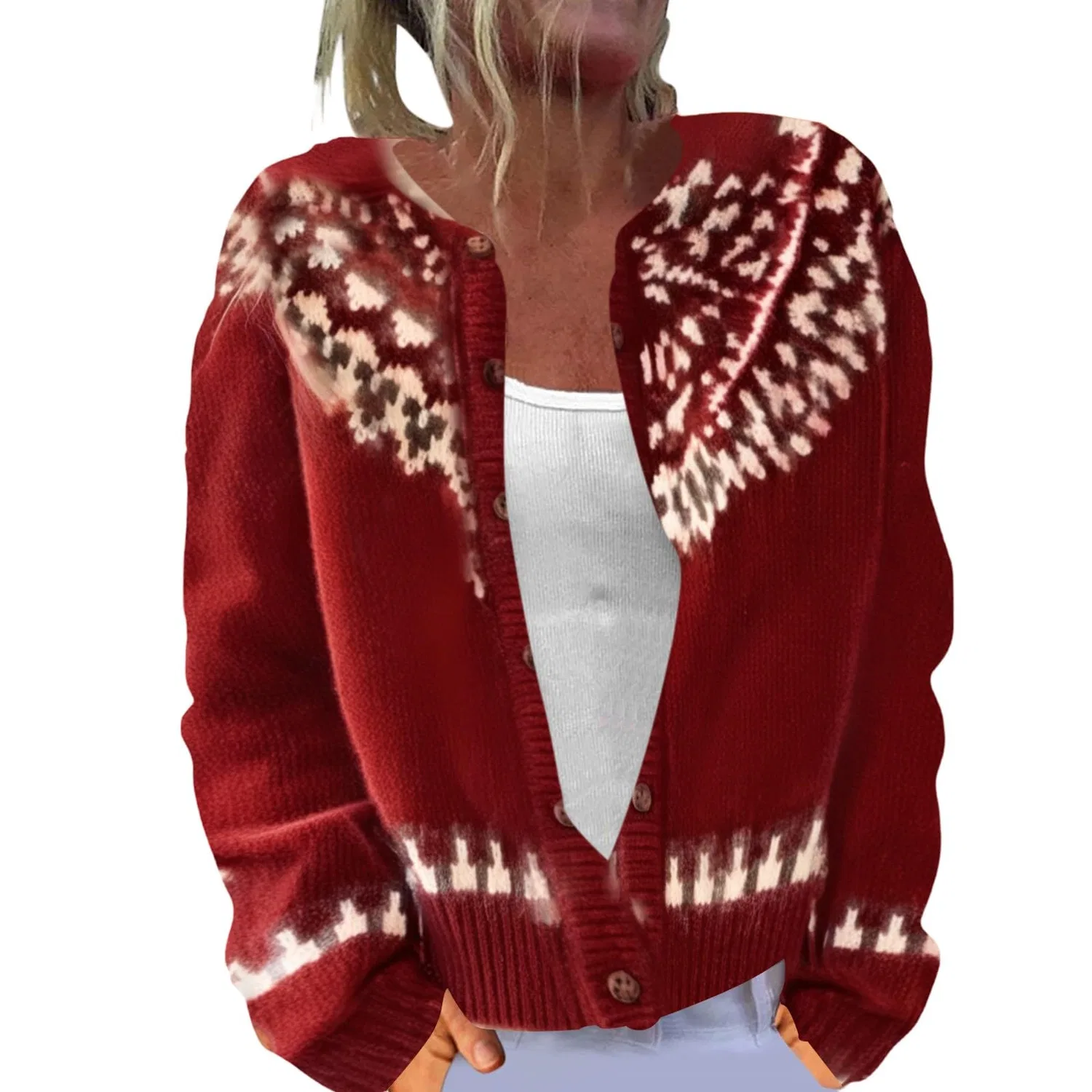 Женский кардиган с нордическим узором Fair Isle с длинным рукавом, Red-c