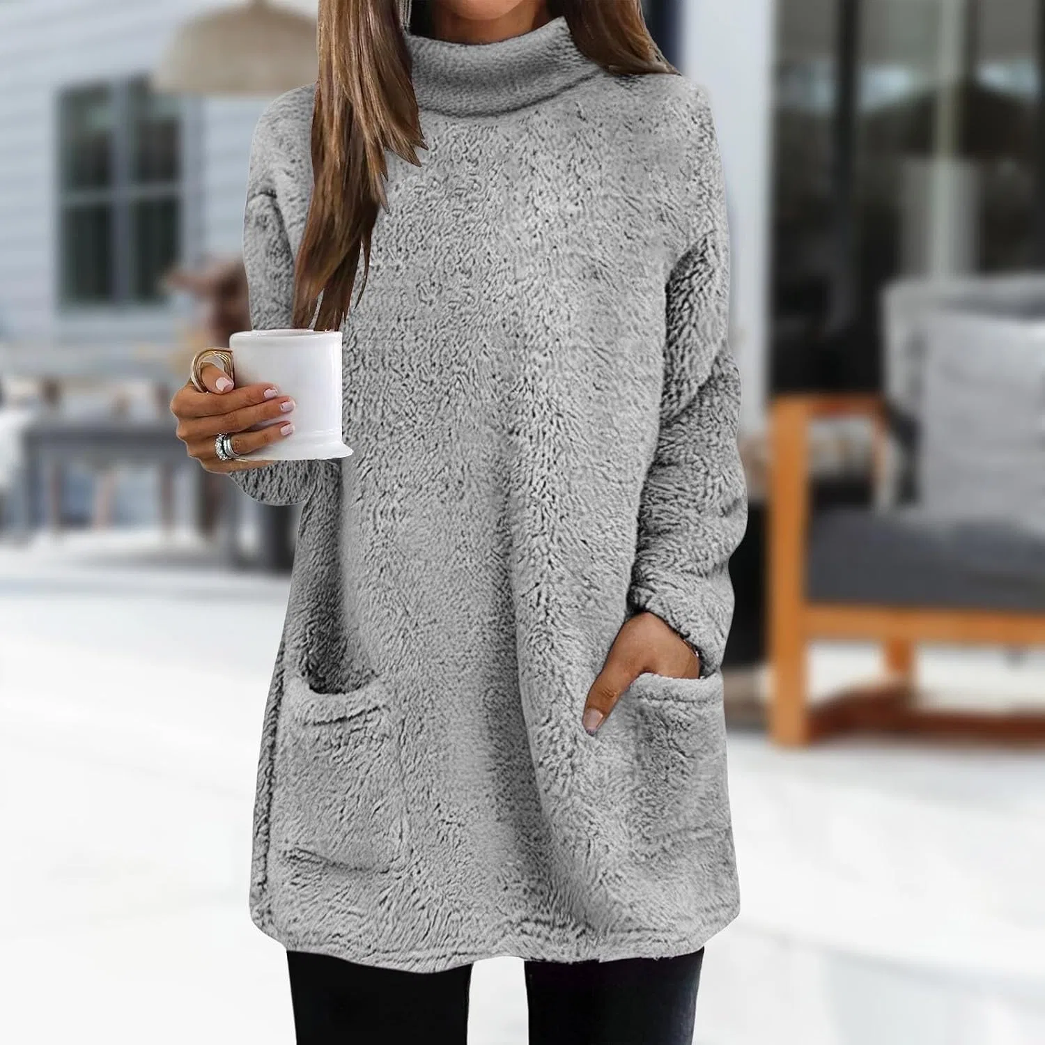 Женский свитшот с высоким воротником, флисовый, с карманами, Mockneck Sweatshirt, серый — фото 3