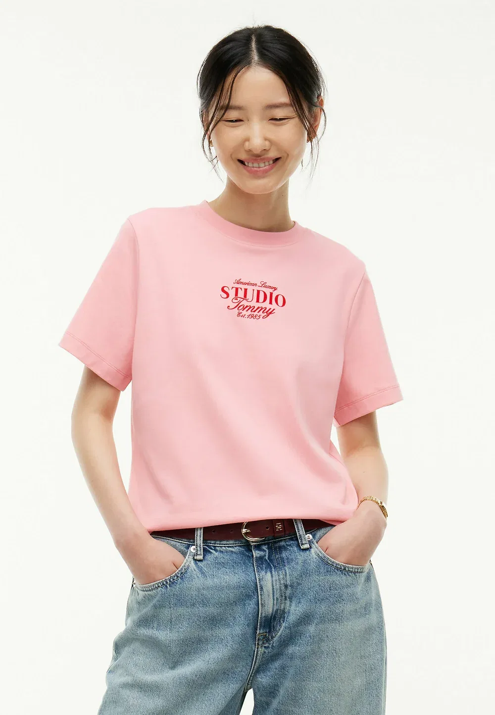 Футболка с круглым вырезом из трикотажа с логотипом - футболка с принтом Tommy Hilfiger, Carnation Pink