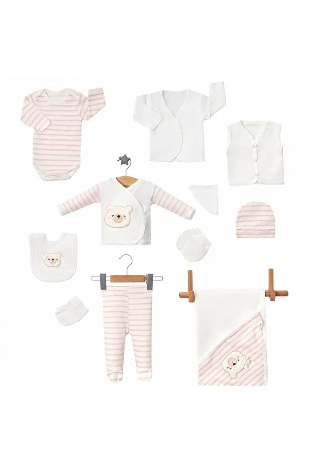 Детский комплект для новорожденных девочек хлопковый Bear Embroidered Pink Striped Bys Baby Fashion, White Pink — фото 2
