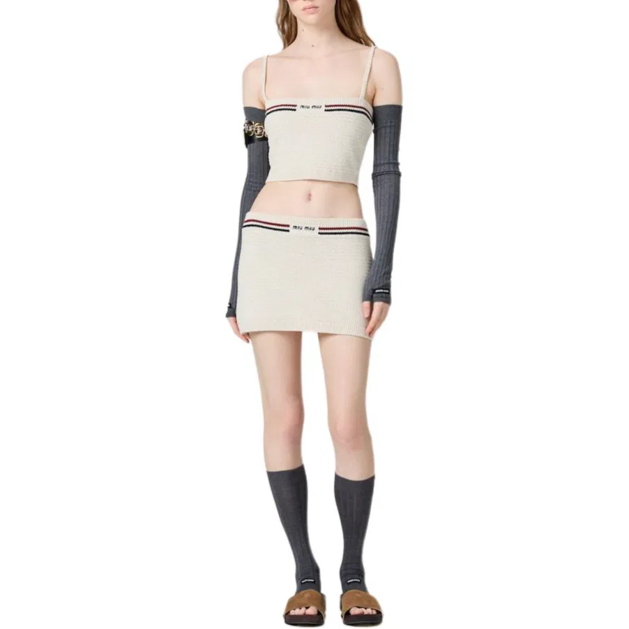 Женский топ-кроп с вязаным кружевом MIU MIU, Natural — фото 3