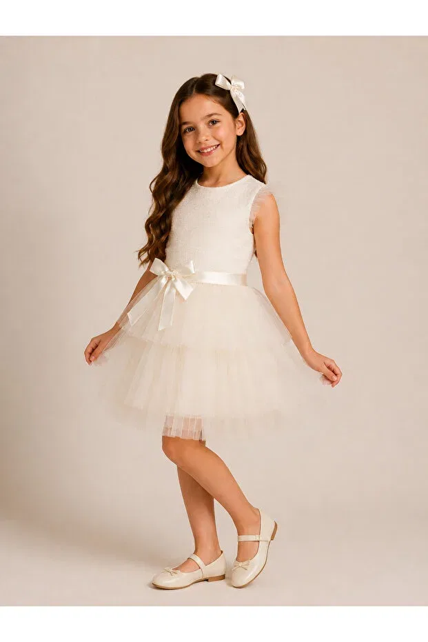 Детское платье для девочек с коротким рукавом Tutu Dress With Bow Detail Tinytrends, White