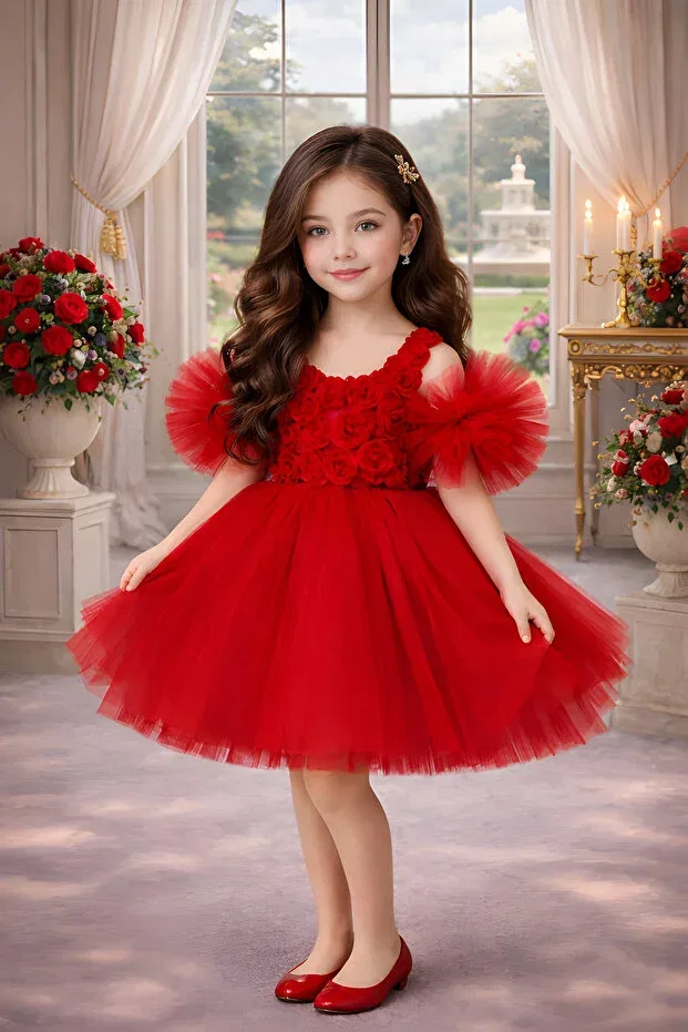 Детское платье для девочек с длинным рукавом Pompom sleeves rose patterned tulle party and birthday dress Rumi Kids, Red