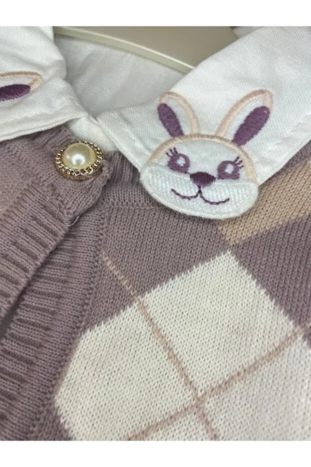 Детский комплект для девочек вязаный с отложным воротником Rabbit collar detail knitwear cardigan and pleated skirts girls' 3-piece set Aslin Store, Purple — фото 4