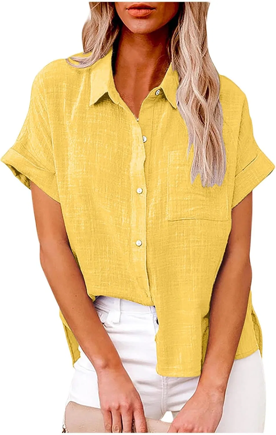 Женская льняная блуза с коротким рукавом оверсайз Generic, D-yellow