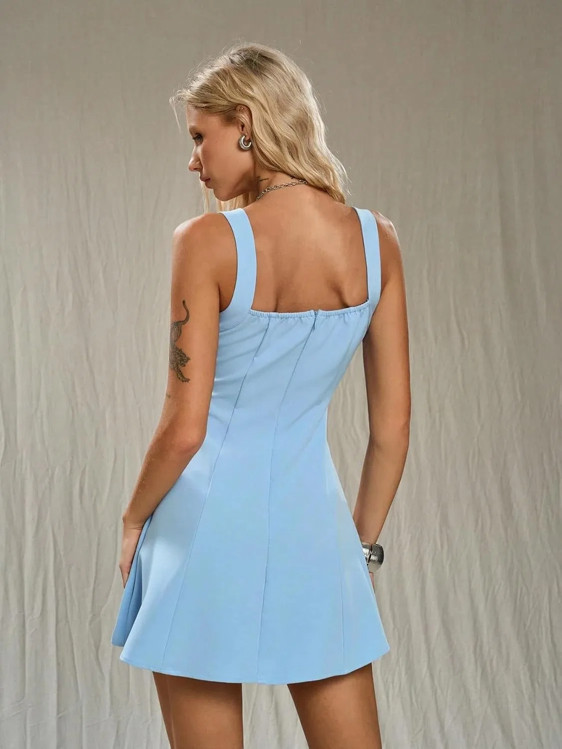 Женское повседневное платье A-силуэта с открытой спиной, короткое, Square Neck, High Waist, Blue — фото 3