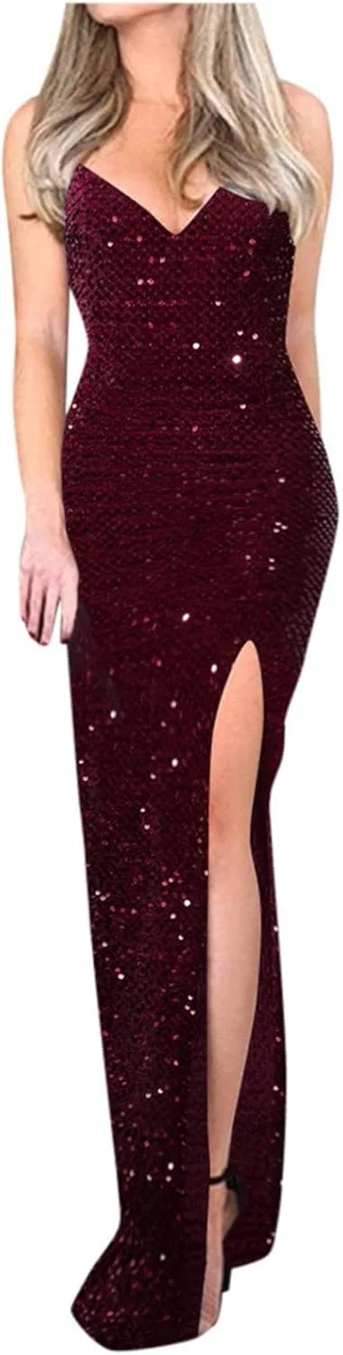 Женское вечернее платье с пайетками V-образным вырезом Smxrfitk, Wine
